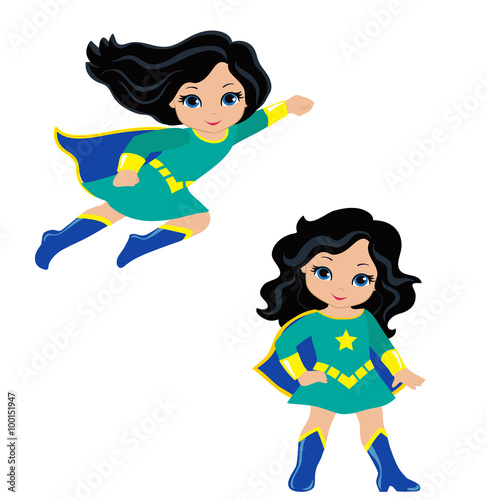 Cute Girl superhero in flight and in standing position.Vector illustration isolated on white background.