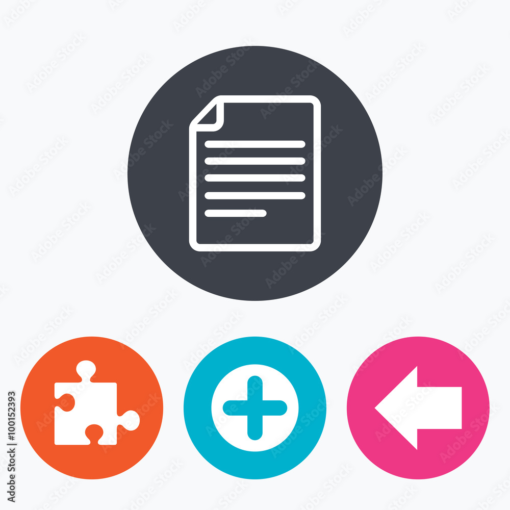 Plus circle and puzzle signs. File, arrow. Plus circle and puzzle signs. File, arrow.