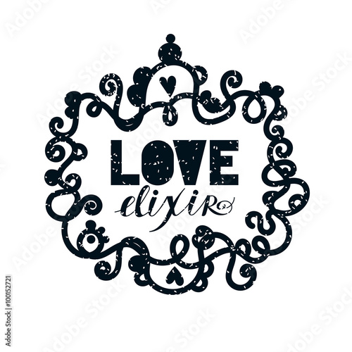 Love elixir. Alchemist elegant monochrome lable.