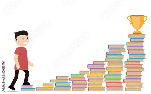 Man going up the stairs of books.