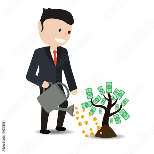  Businessman watering plant with dollar leaves.