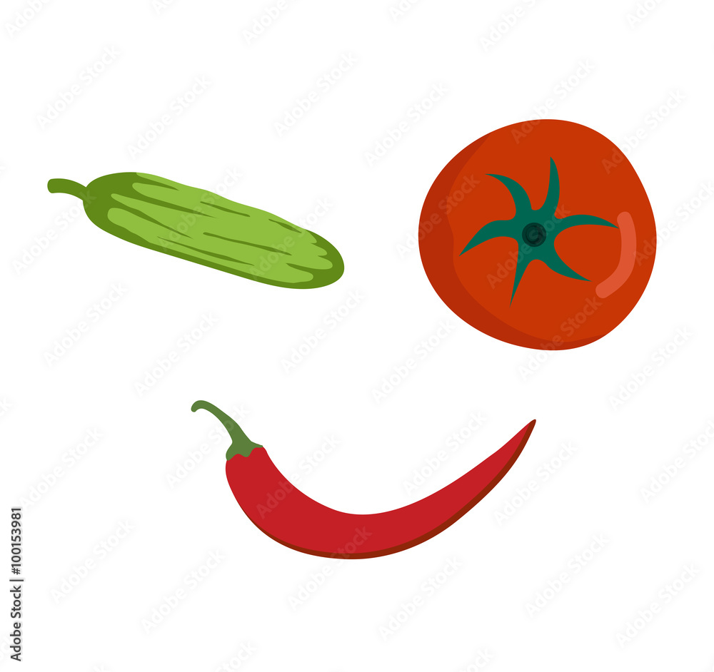 Fresh vegetables smile face on white background. Tomato, pepper and cucumber Fresh vegetables smile face on white background. Tomato, pepper and cucumber