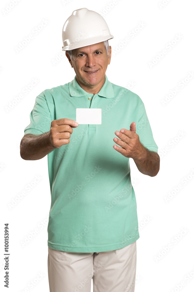 Smiling Young Male Engineer holding card. Smiling Young Male Engineer holding card.