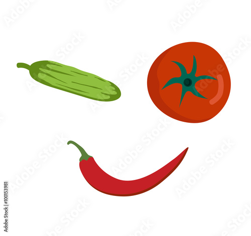 Fresh vegetables smile face on white background. Tomato, pepper and cucumber