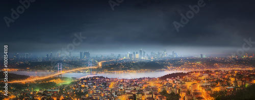 Photography Panorama of Istanbul and Bosphorus bridge at night