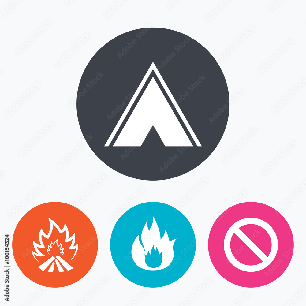 Tourist camping tent sign. Fire flame icons. Tourist camping tent sign. Fire flame icons.