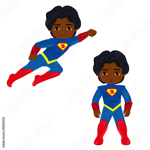 Cute Boy superhero in flight and in standing position.Illustration isolated on white background