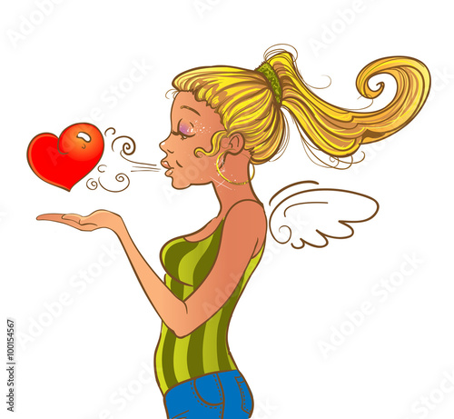 Valentine`s day girl sending heart
