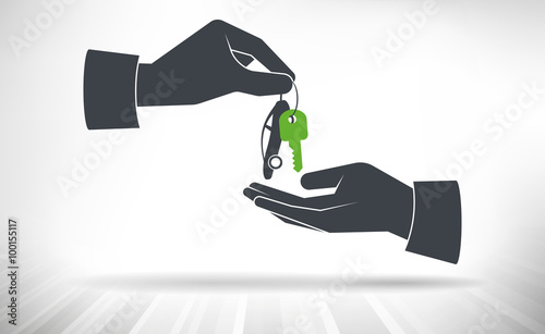 Hand giving car keys. Car key with small car as key ring given from one hand to another