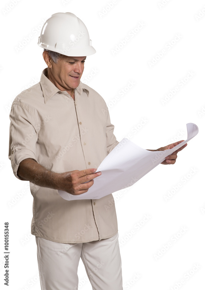 Construction Project Male Architect Checking The Blueprints Construction Project Male Architect Checking The Blueprints