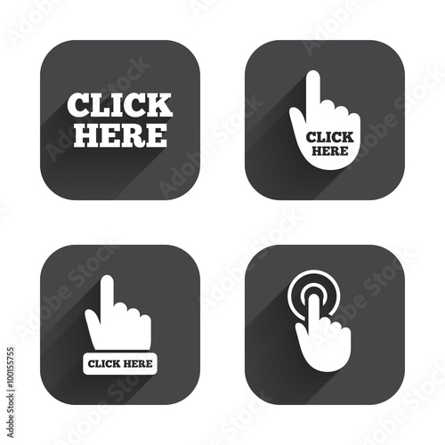 Click here signs. Hand press icons.