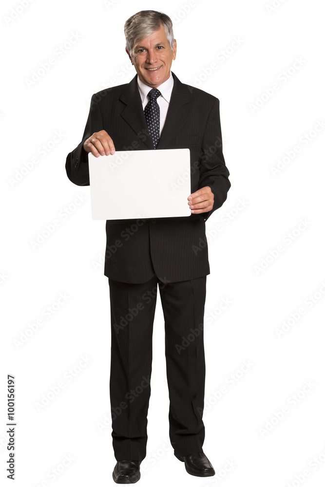 Portrait of happy smiling young business man showing blank signb Portrait of happy smiling young business man showing blank signb