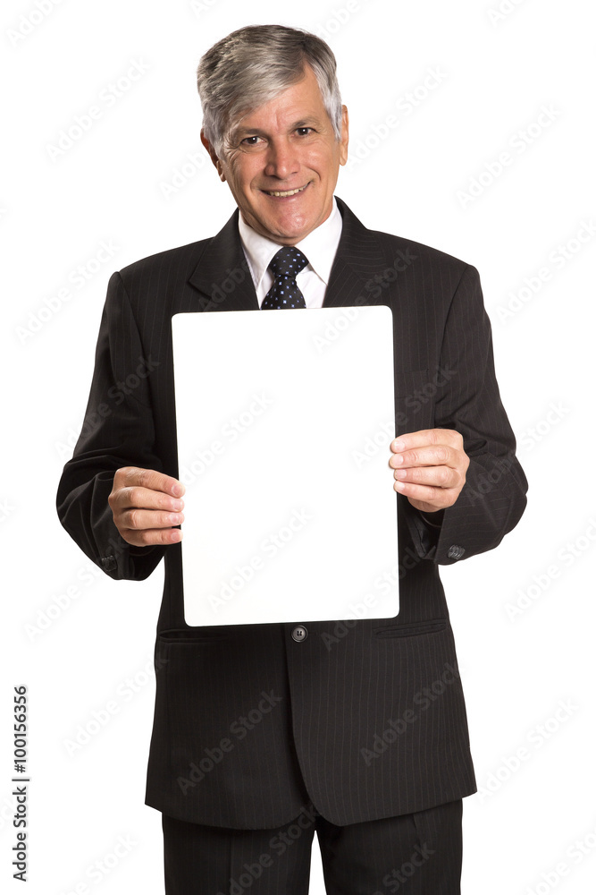 Portrait of happy smiling young business man showing blank signb Portrait of happy smiling young business man showing blank signb