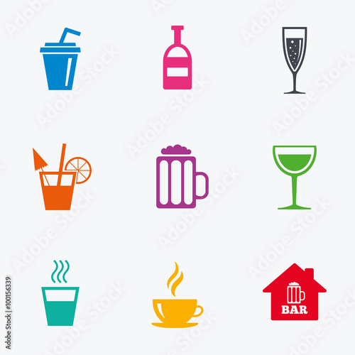 Coffee, tea icons. Alcohol drinks signs.