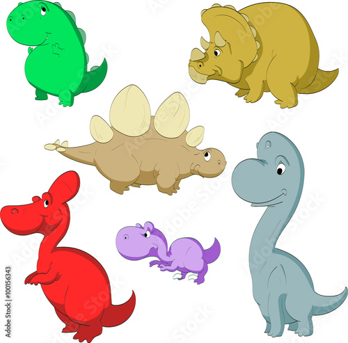 Collection of vector cartoon illustrations of cute dinosaurs.