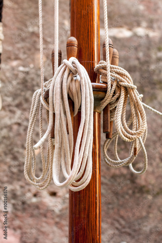 Wooden mast and ropes