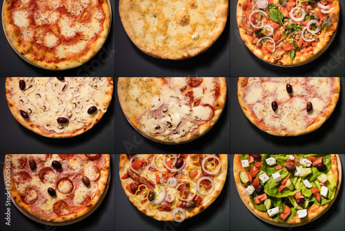 Different types of pizza served on wooden plate