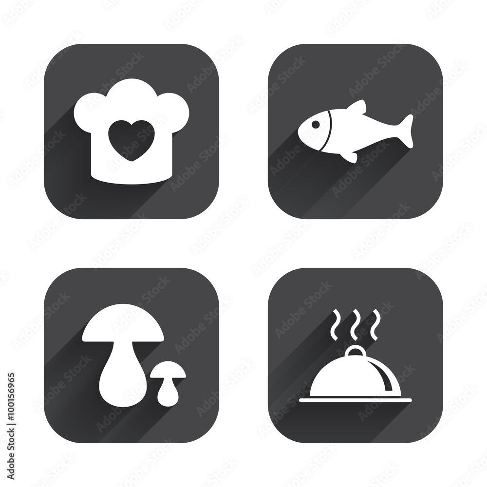 Chief hat, cooking pan icons. Fish and mushrooms