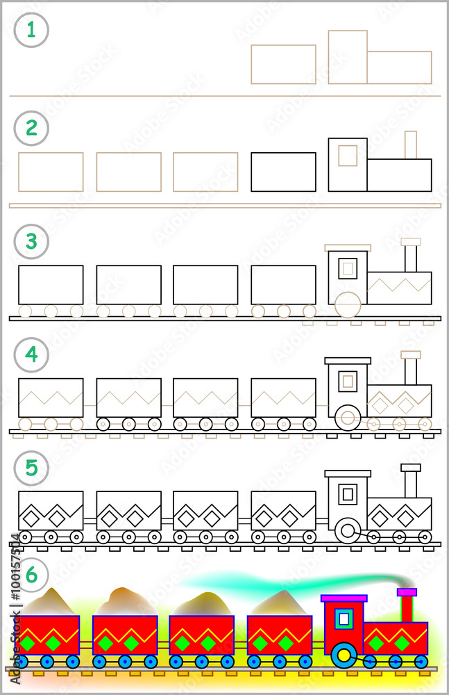 Page shows how to learn step by step to draw a train. Developing ...