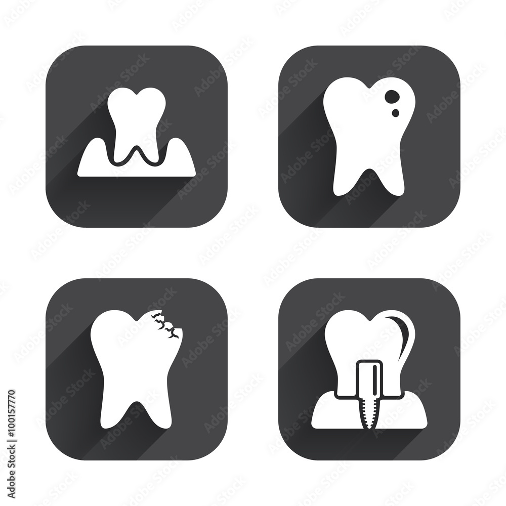 Dental care icons. Caries tooth and implant. Dental care icons. Caries tooth and implant.