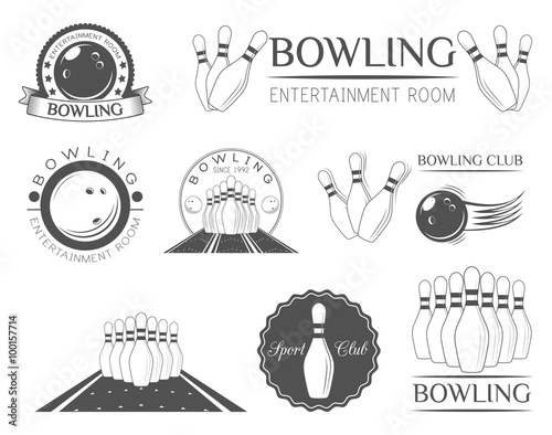 Bowling Label and Icons set. Vector illustration