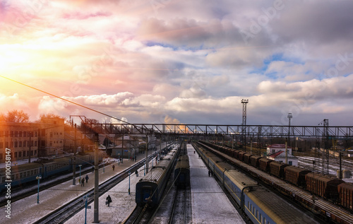 railway Station with trains at sunset. top view © Lumppini