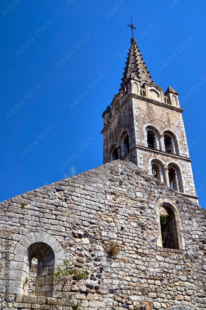 the medieval church with belfry in France.