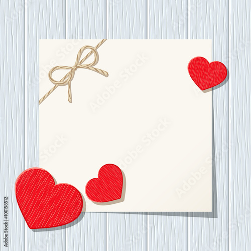 Valentine card with red hearts on a blue wooden background. Vector eps-10.