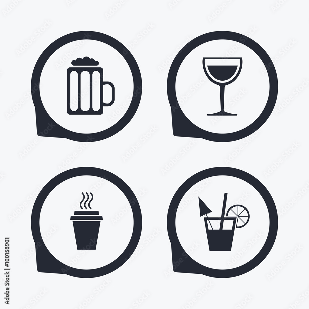 Drinks signs. Coffee cup, glass of beer icons. Drinks signs. Coffee cup, glass of beer icons.