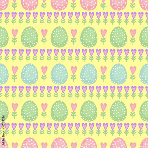 Seamless Easter pattern, card. Vector background with Easter eggs, spring flowers and hearts. Cute Easter Illustration on yellow background.