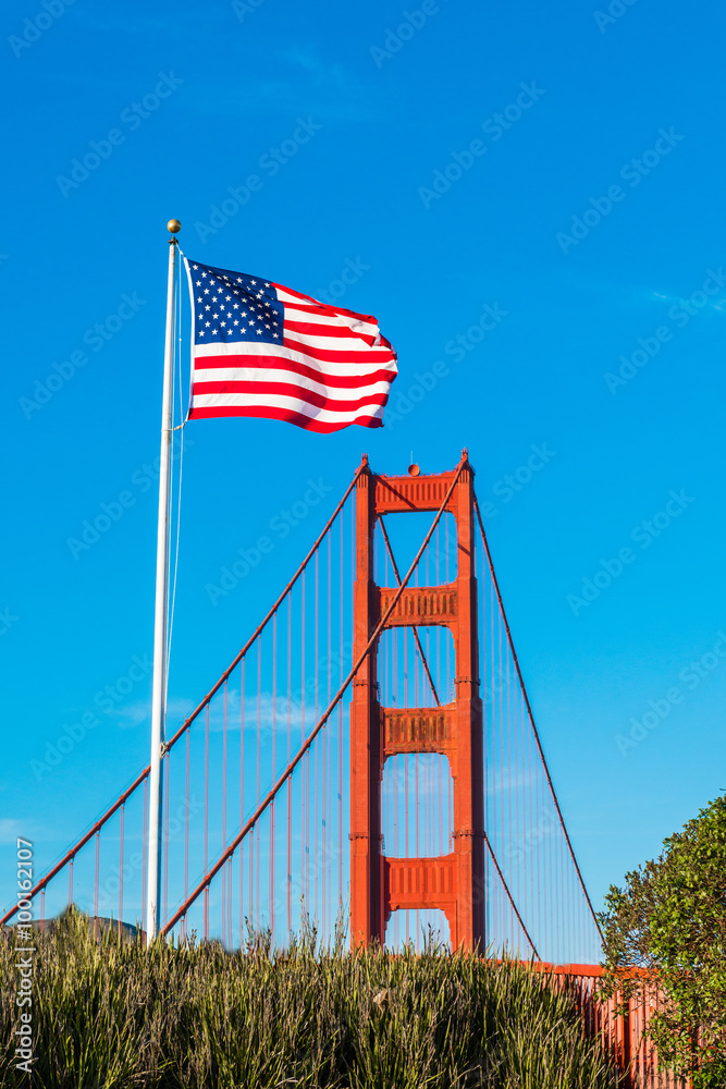 American flag and Golden Gate Bridge, San Francisco