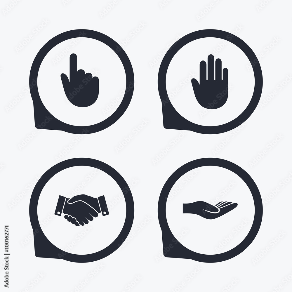 Hand icons. Handshake and click here symbols. Hand icons. Handshake and click here symbols.