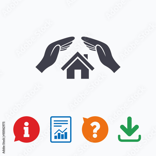 House insurance sign icon. Hands protect cover.