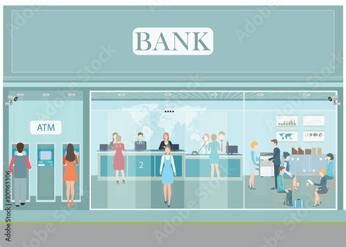 Bank building exterior and interior counter desk.