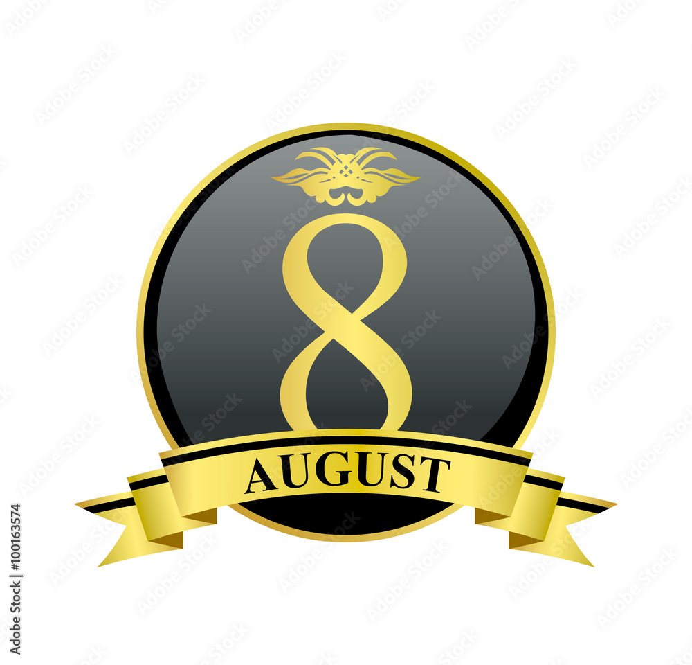Naklejka premium 8 august golden calendar circle with ribbon