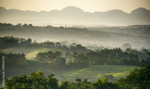Photography across the Vinales Valley in Cuba. Morning twilight and fog.