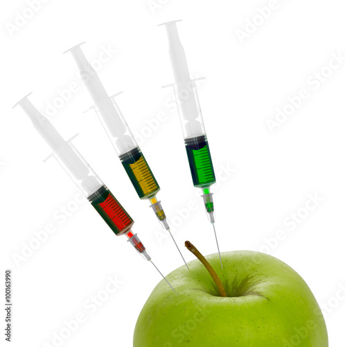 Chemical additives in food. GM, adulterated apple. Isolated on white. 
