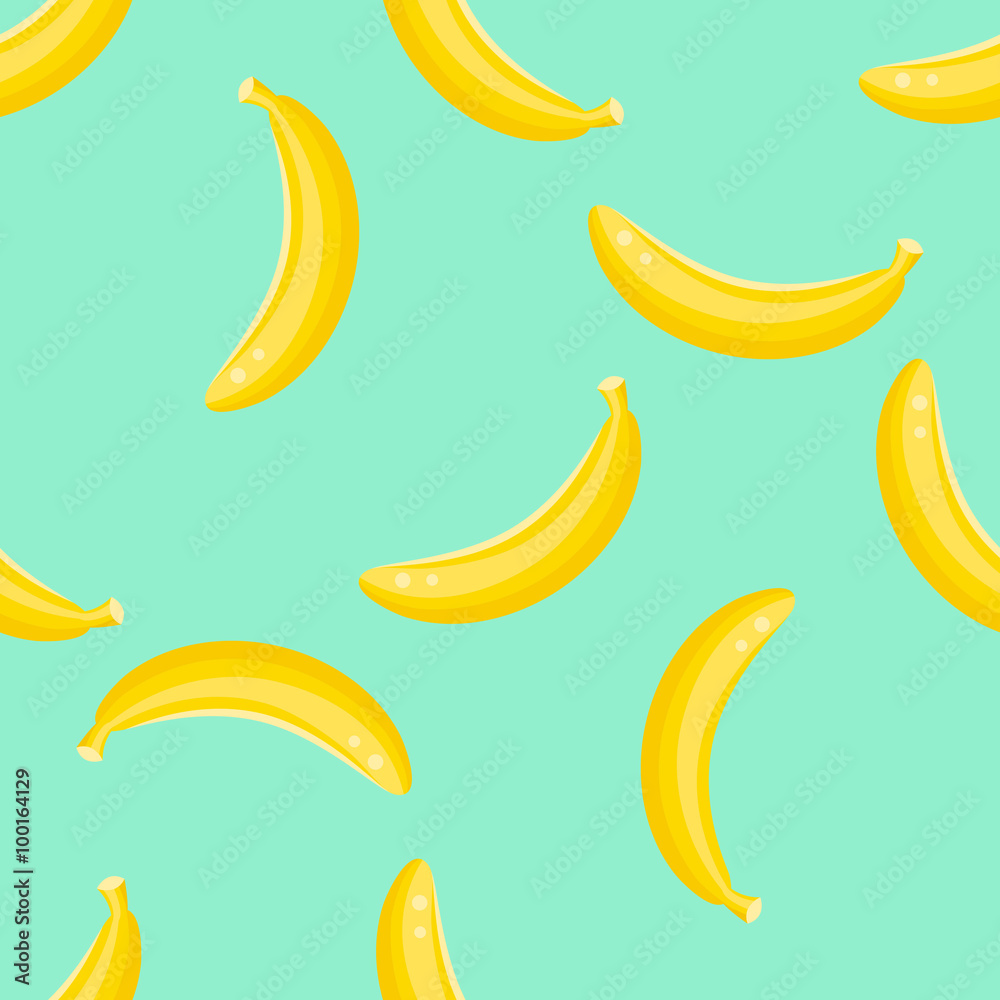 Banana fruit seamless vector pattern. Yellow banana food background on green mint.