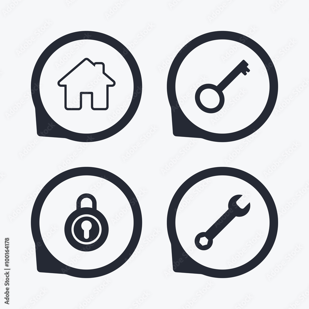 Home key icon. Wrench service tool symbol. Home key icon. Wrench service tool symbol.