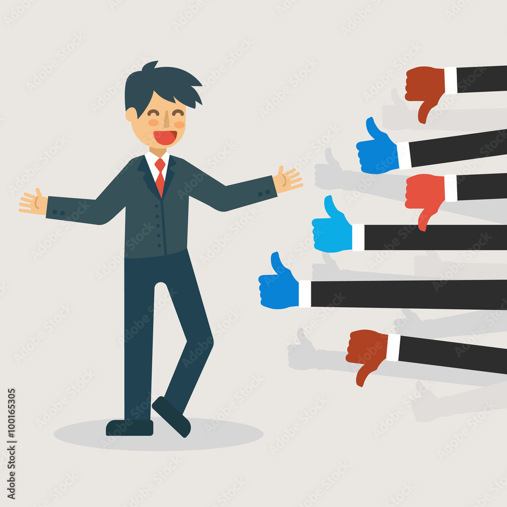 Feedback concept: Businessman welcome both like and dislike
