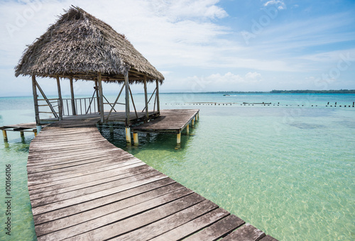 Wooden walkway with old hovel on the sea on Bocas del Toro in Panama