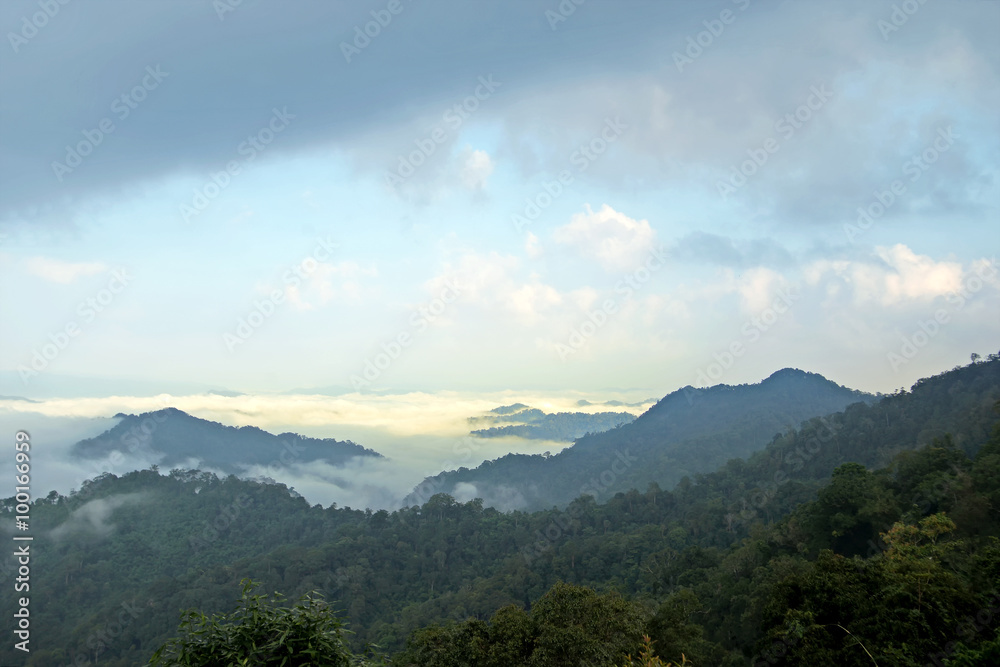 misty mountain hills landscape, layers of mountains with fog