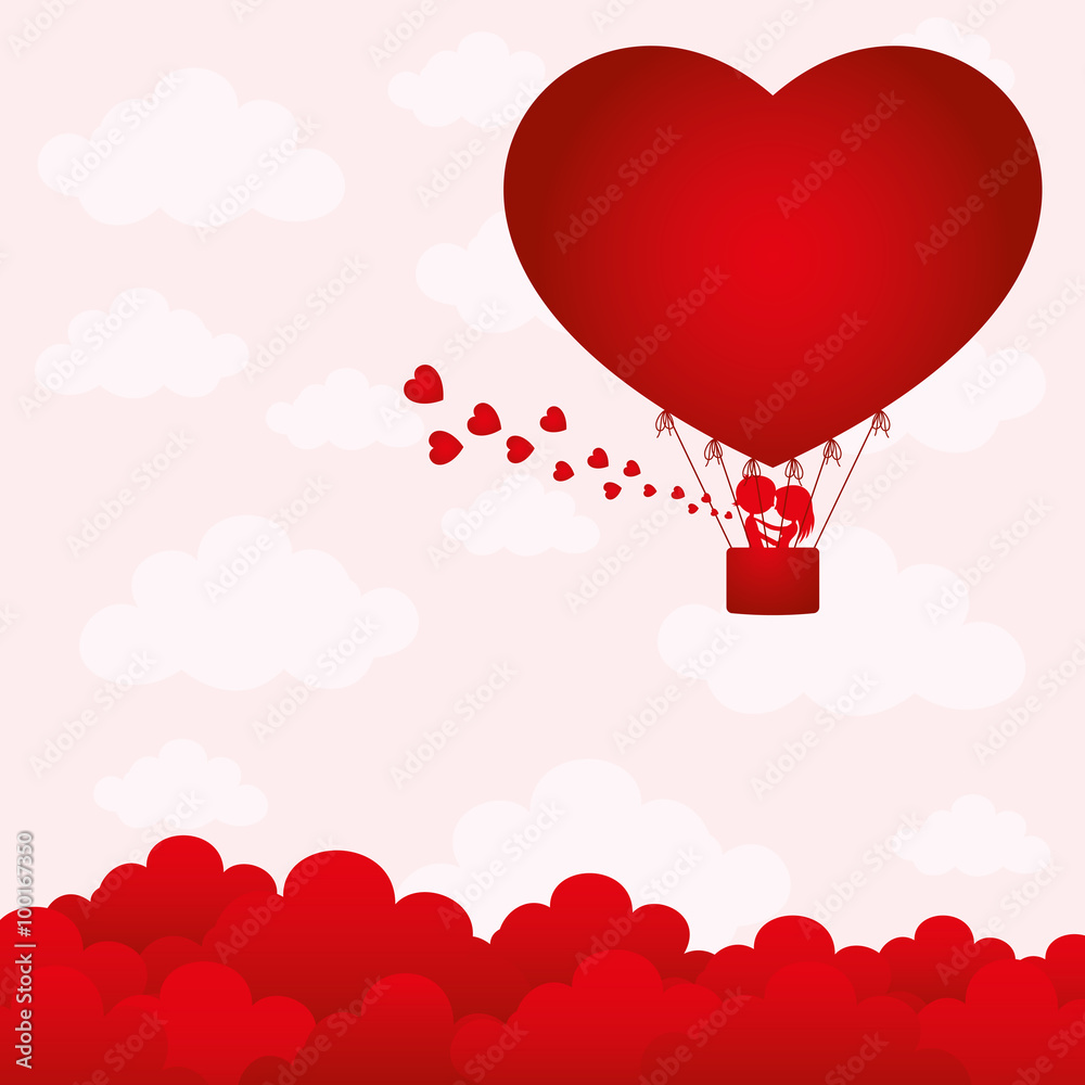 Romantic couple flying in a balloon.