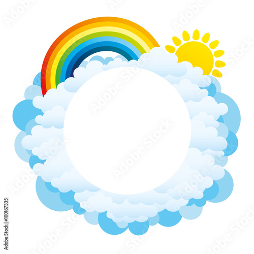 Rainbow, sun and clouds background with space for text.