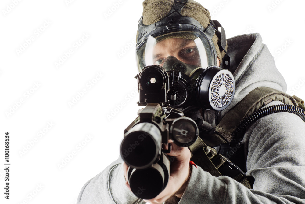 rebel with gas mask and rifles against a white background