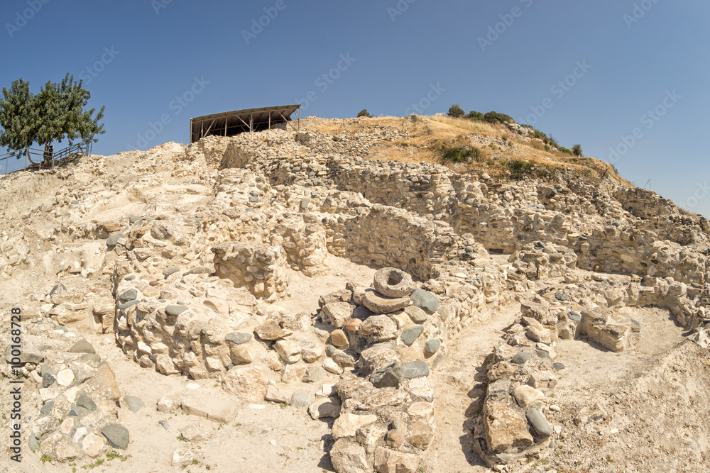 Choirokoitia (Khirokitia ) Neolithic Settlement of 7-4-th millennium B.C. fisheye view. World Heritage Site by UNESCO. Cyprus.