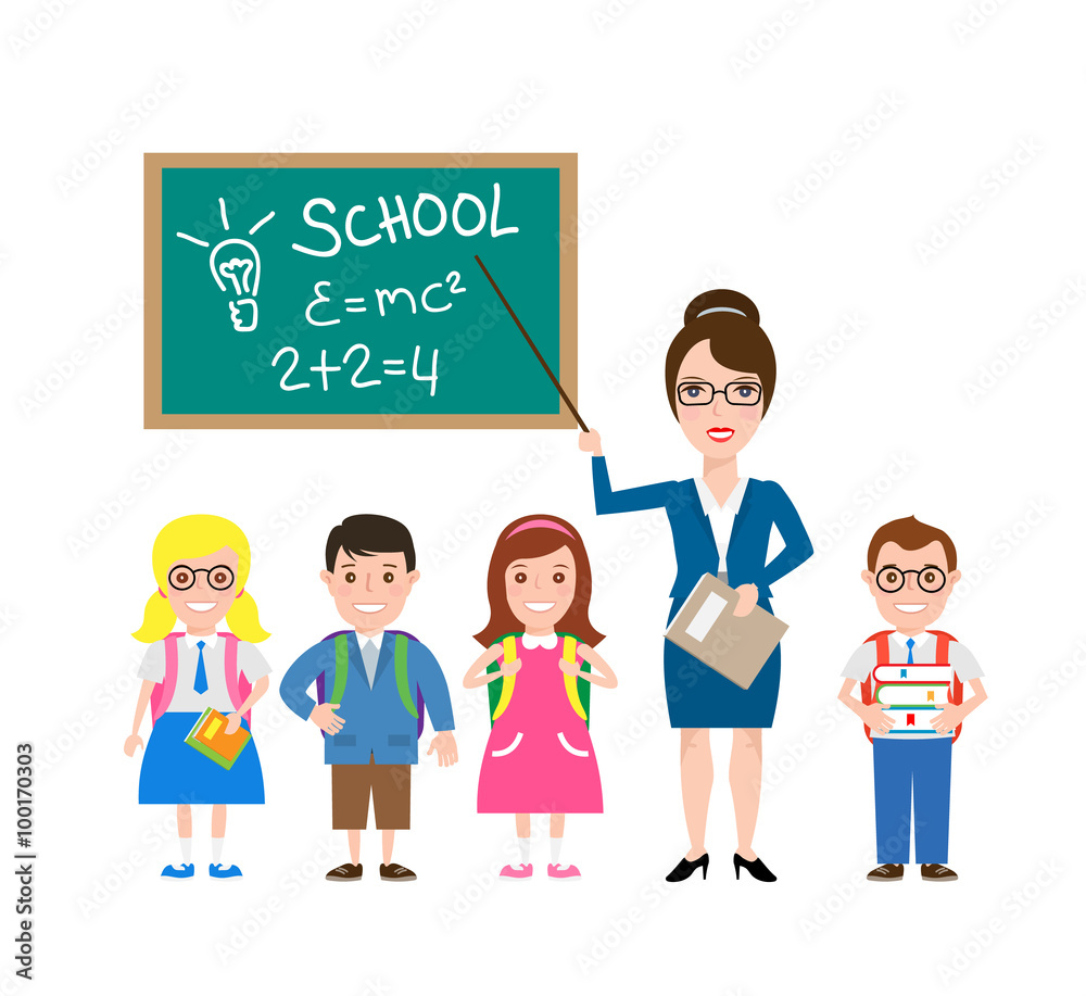 teacher and school kids. school children with backpacks and books isolated on white background teacher and school kids. school children with backpacks and books isolated on white background