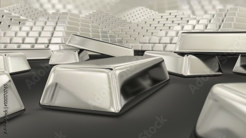 Animated falling and bouncing realistic bar of silver in dark space 3. Extra bars of silver placed around scene.