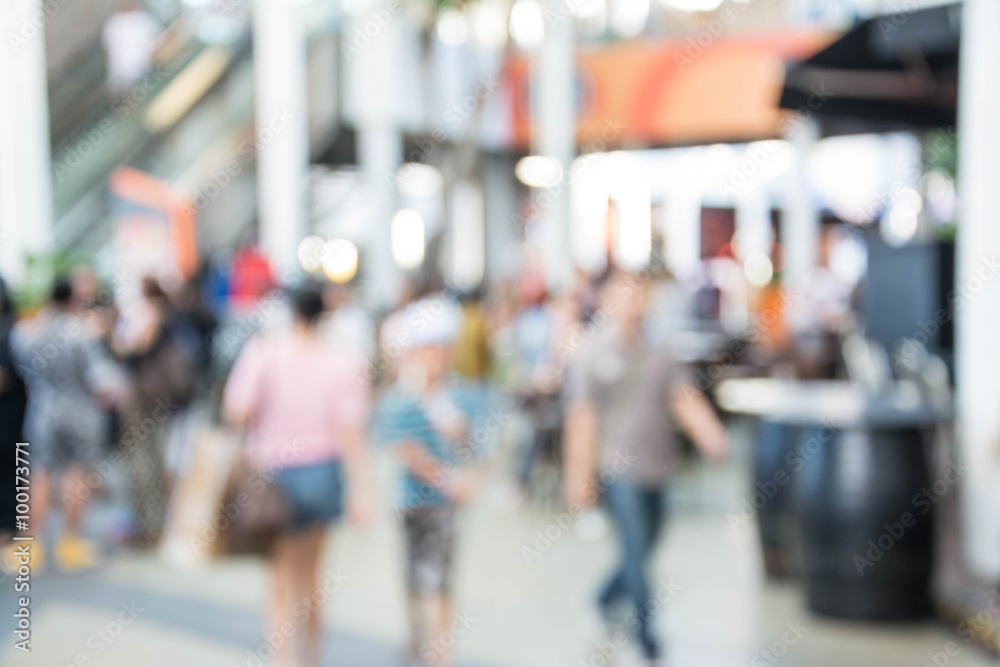 Blurred image of people walking at shopping mall 