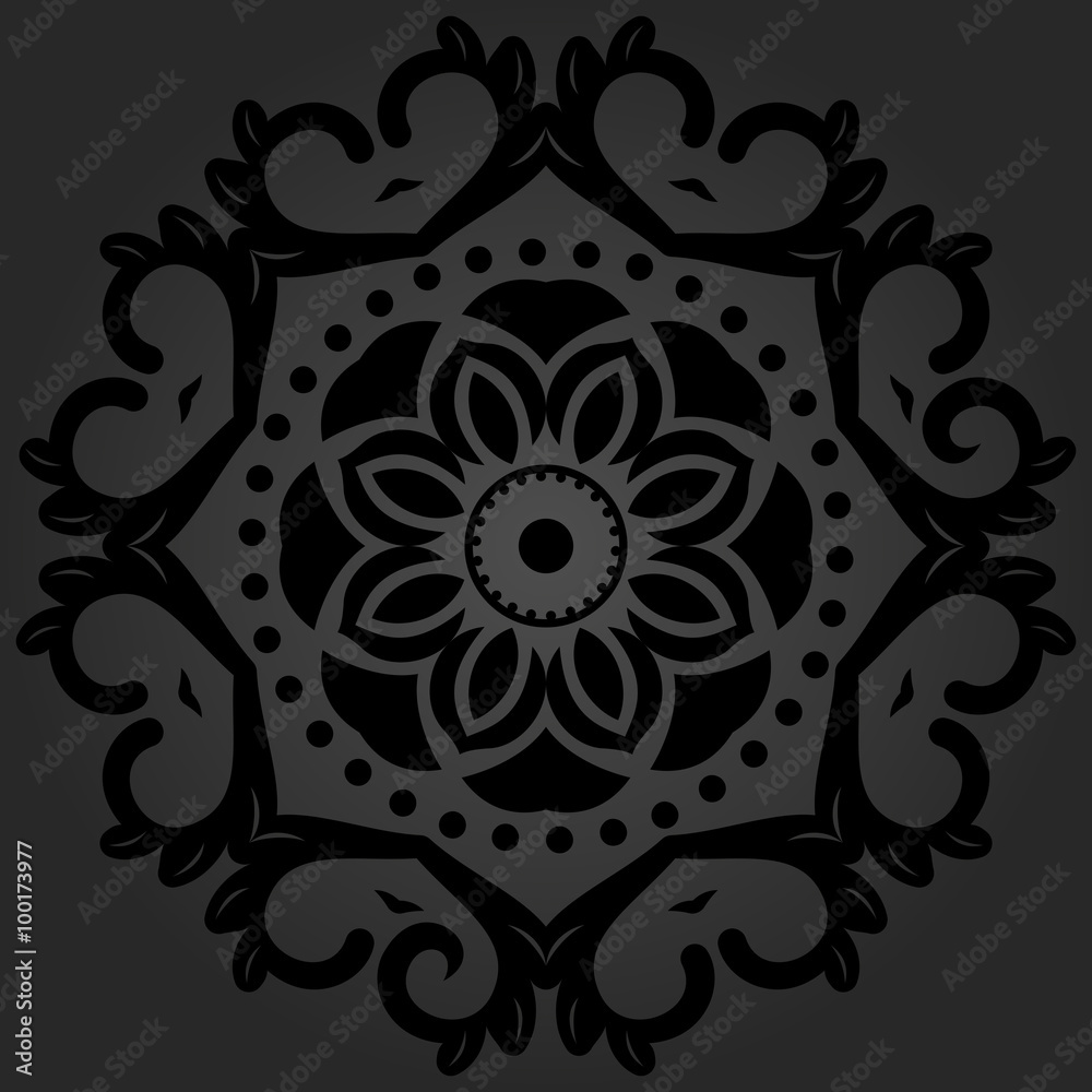 Floral vector round pattern with black arabesques. Abstract oriental ornament